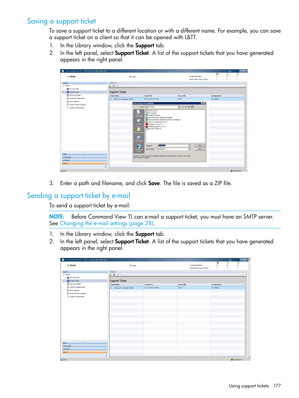 Saving a support ticket, Sending a support ticket by e-mail | HP Command View for Tape Libraries Software User Manual | Page 177 / 276