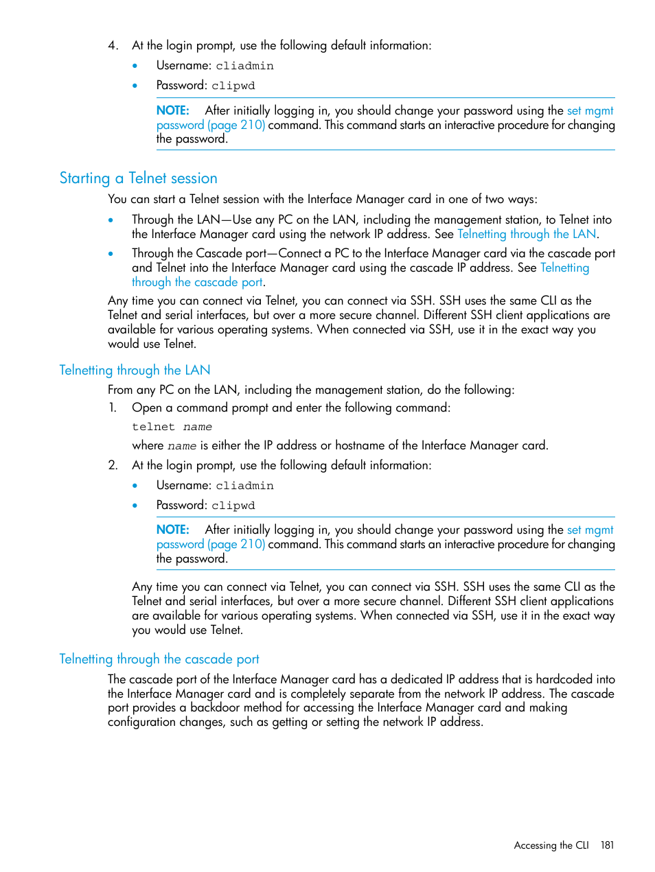 Starting a telnet session, Telnetting through the lan, Telnetting through the cascade port | HP Command View for Tape Libraries Software User Manual | Page 181 / 276
