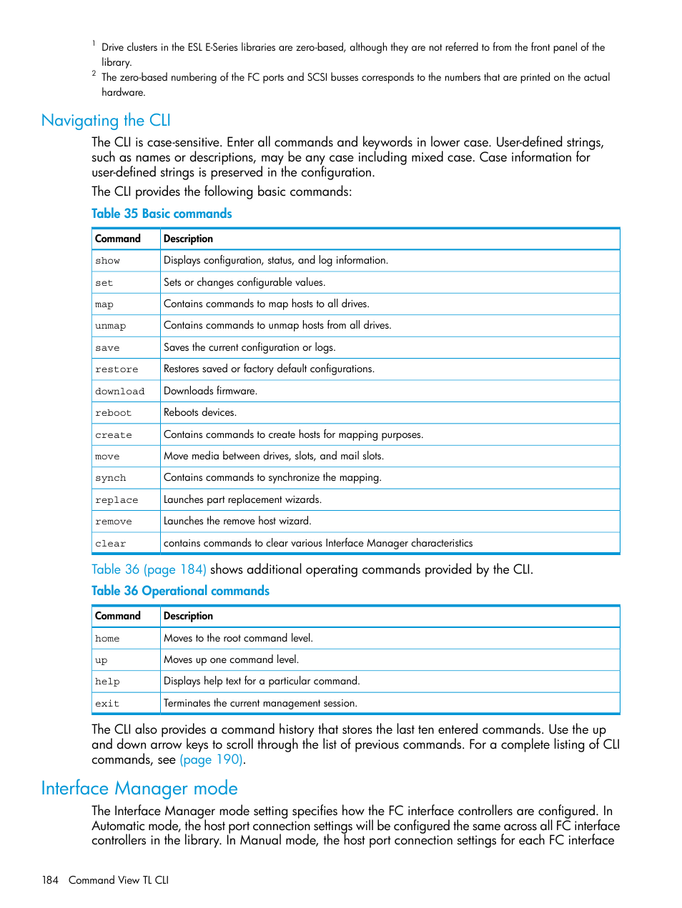 Navigating the cli, Interface manager mode | HP Command View for Tape Libraries Software User Manual | Page 184 / 276