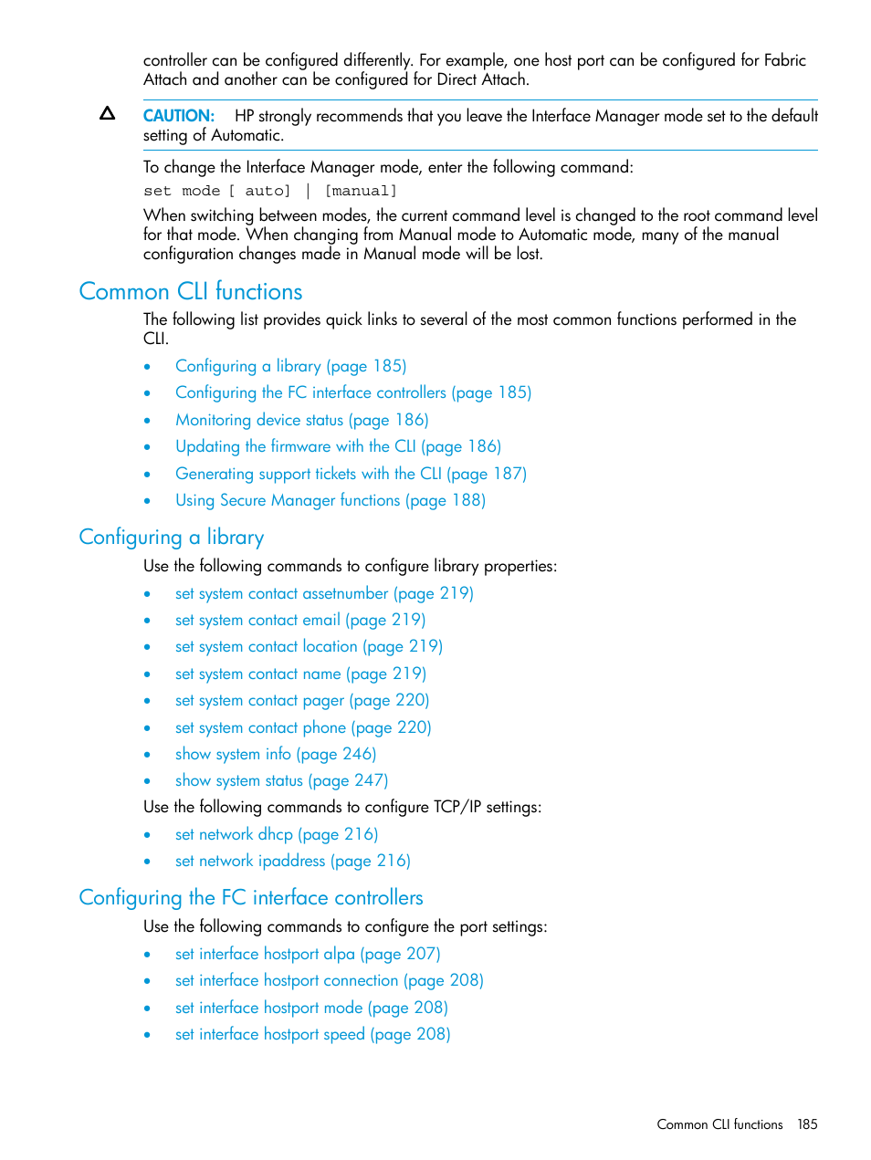 Common cli functions, Configuring a library, Configuring the fc interface controllers | HP Command View for Tape Libraries Software User Manual | Page 185 / 276