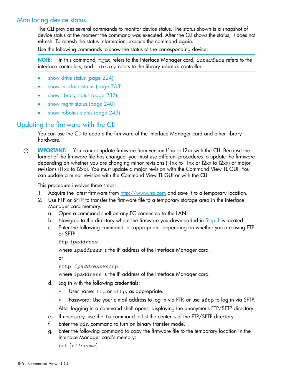 Monitoring device status, Updating the firmware with the cli, Updating the | HP Command View for Tape Libraries Software User Manual | Page 186 / 276