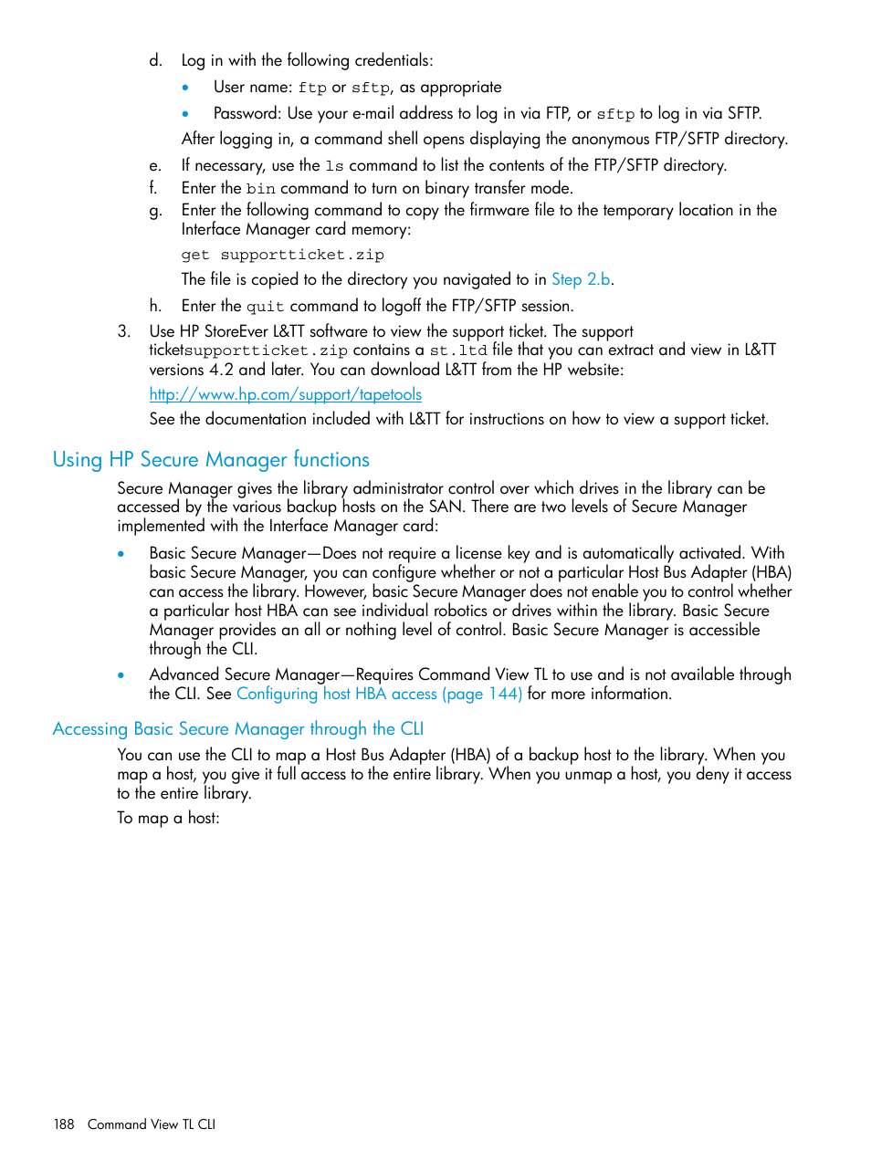 Using hp secure manager functions, Accessing basic secure manager through the cli | HP Command View for Tape Libraries Software User Manual | Page 188 / 276