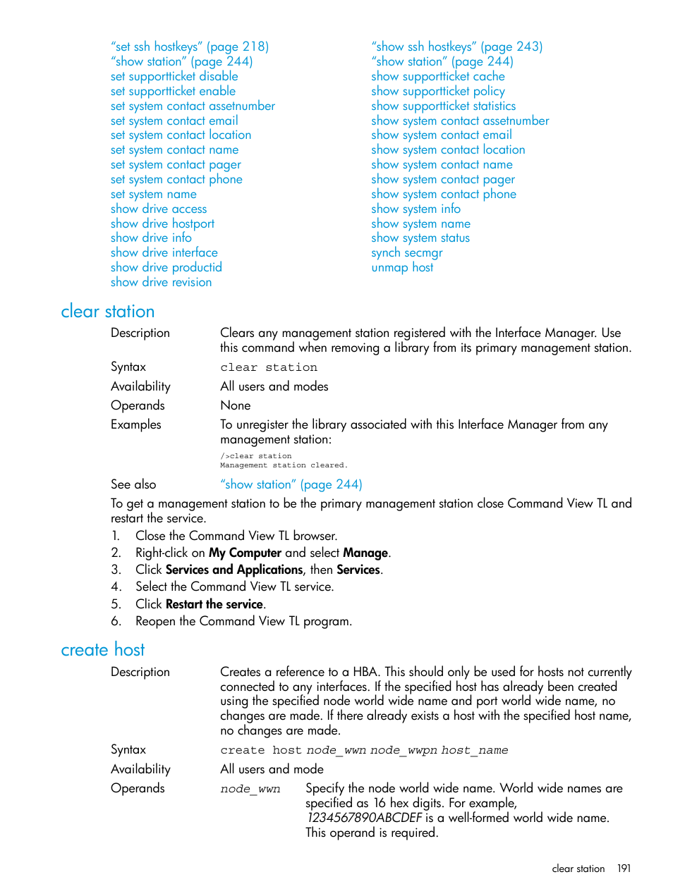 Clear station, Create host, Clear station create host | HP Command View for Tape Libraries Software User Manual | Page 191 / 276