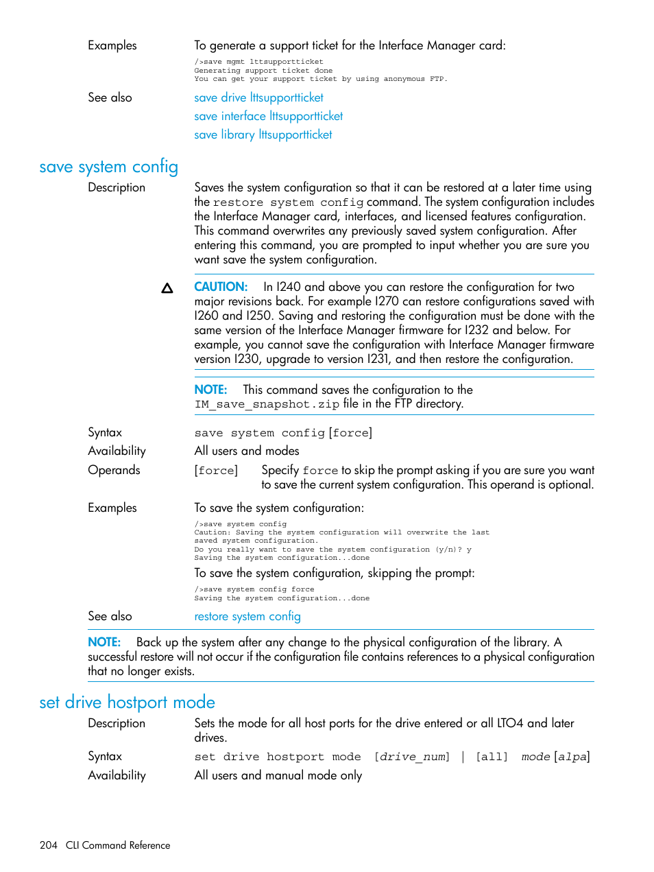 Save system config, Set drive hostport mode, Save system config set drive hostport mode | HP Command View for Tape Libraries Software User Manual | Page 204 / 276