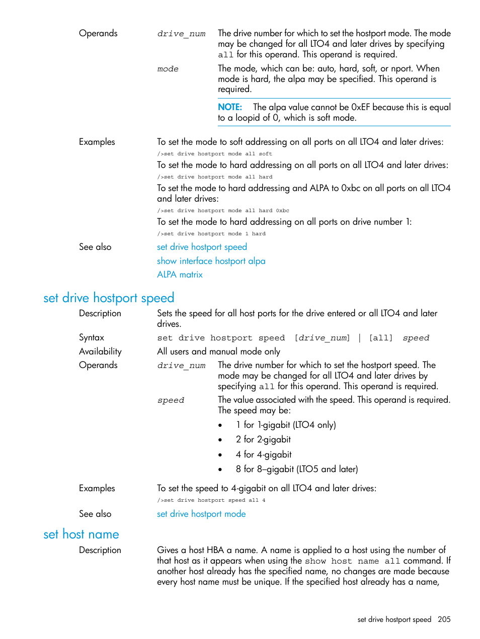 Set drive hostport speed, Set host name, Set drive hostport speed set host name | HP Command View for Tape Libraries Software User Manual | Page 205 / 276