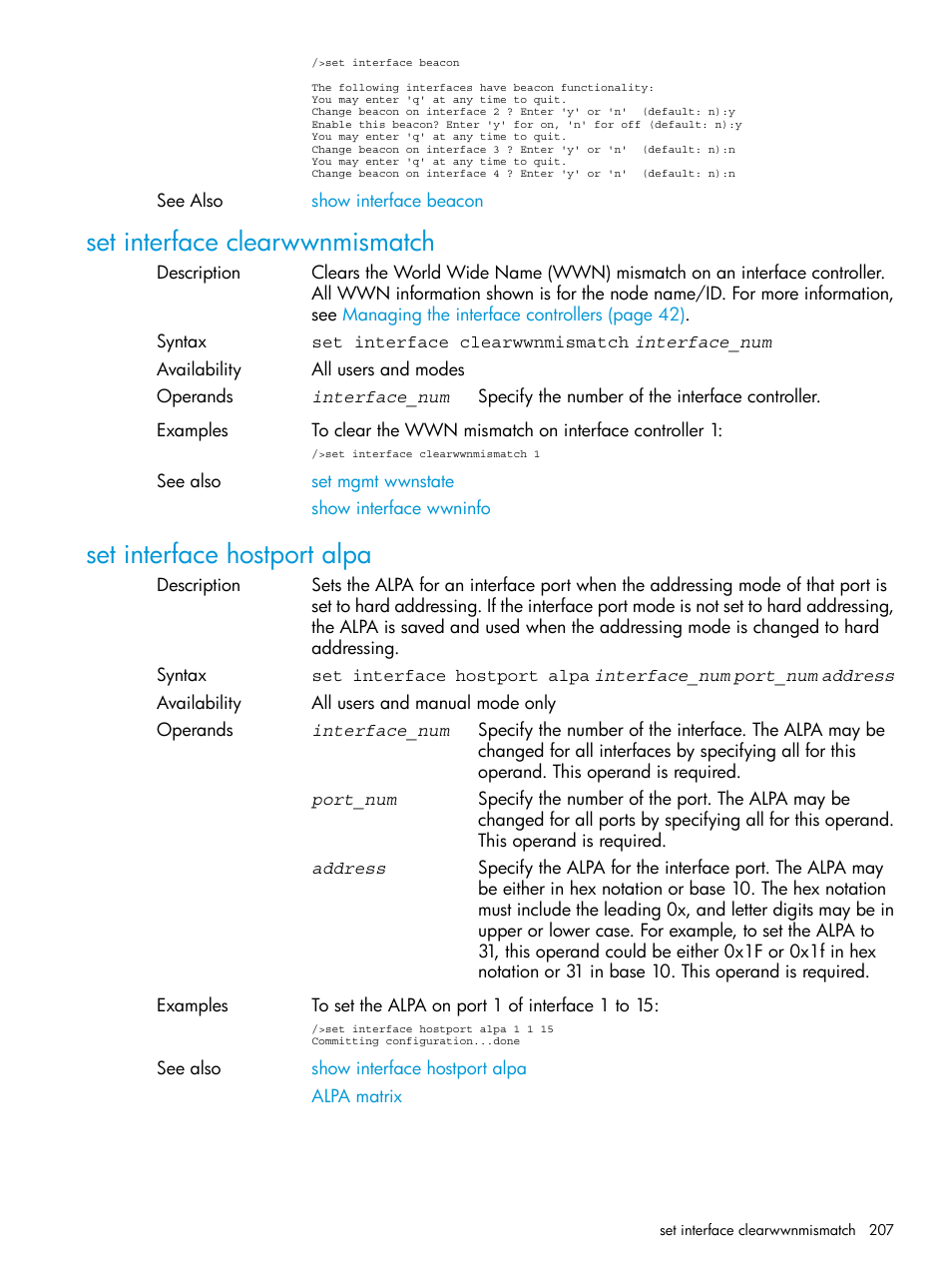 Set interface clearwwnmismatch, Set interface hostport alpa | HP Command View for Tape Libraries Software User Manual | Page 207 / 276