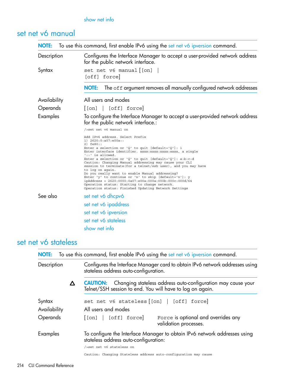 Set net v6 manual, Set net v6 stateless, Set net v6 manual set net v6 stateless | HP Command View for Tape Libraries Software User Manual | Page 214 / 276