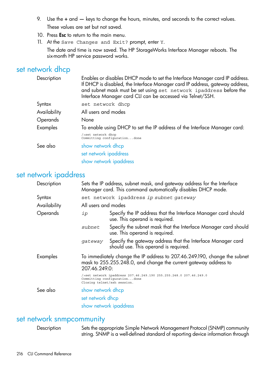 Set network dhcp, Set network ipaddress, Set network snmpcommunity | HP Command View for Tape Libraries Software User Manual | Page 216 / 276