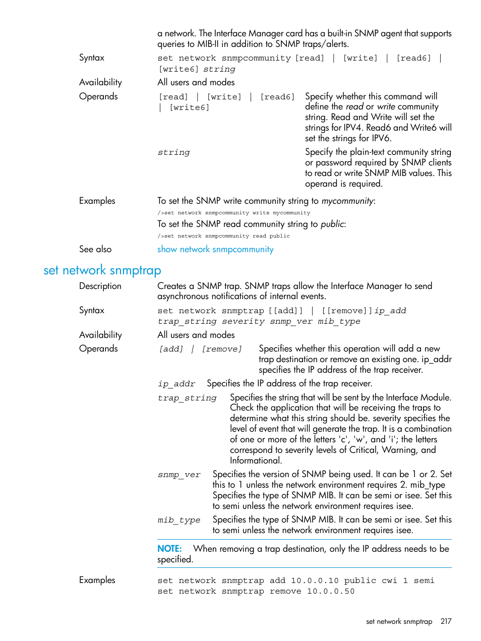 Set network snmptrap | HP Command View for Tape Libraries Software User Manual | Page 217 / 276
