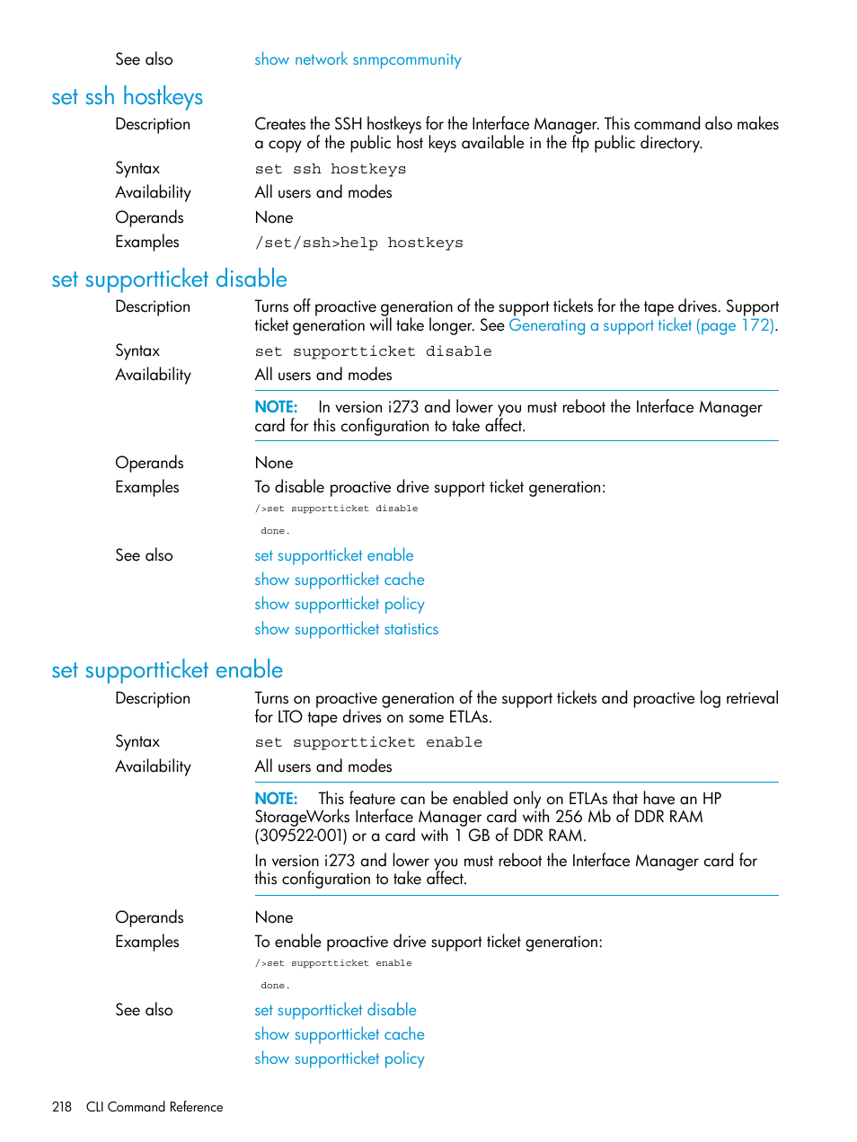Set ssh hostkeys, Set supportticket disable, Set supportticket enable | HP Command View for Tape Libraries Software User Manual | Page 218 / 276