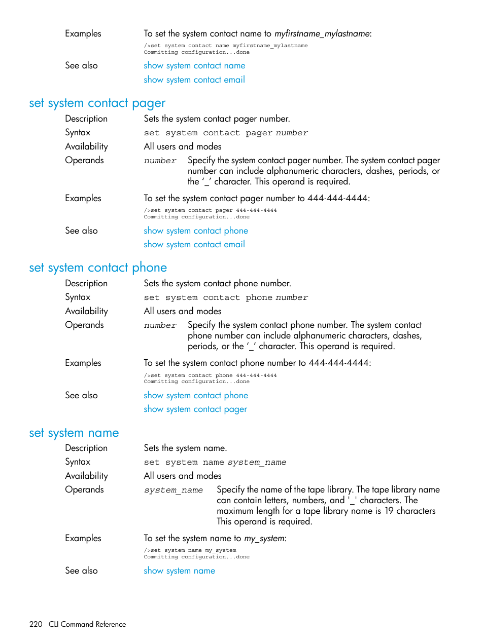 Set system contact phone, Set system name, Set system contact pager | HP Command View for Tape Libraries Software User Manual | Page 220 / 276