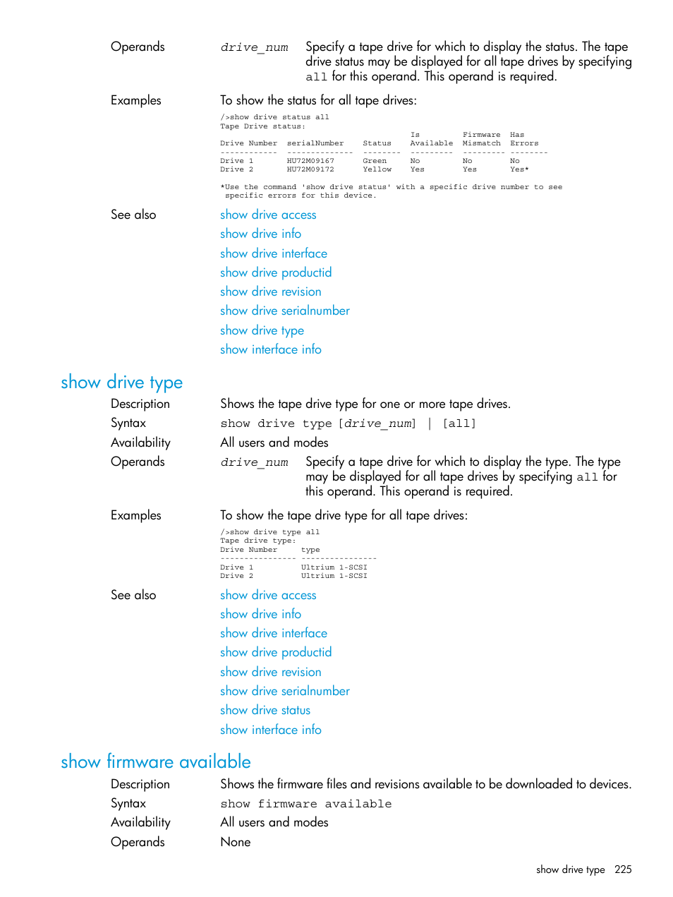 Show drive type, Show firmware available, Show drive type show firmware available | HP Command View for Tape Libraries Software User Manual | Page 225 / 276