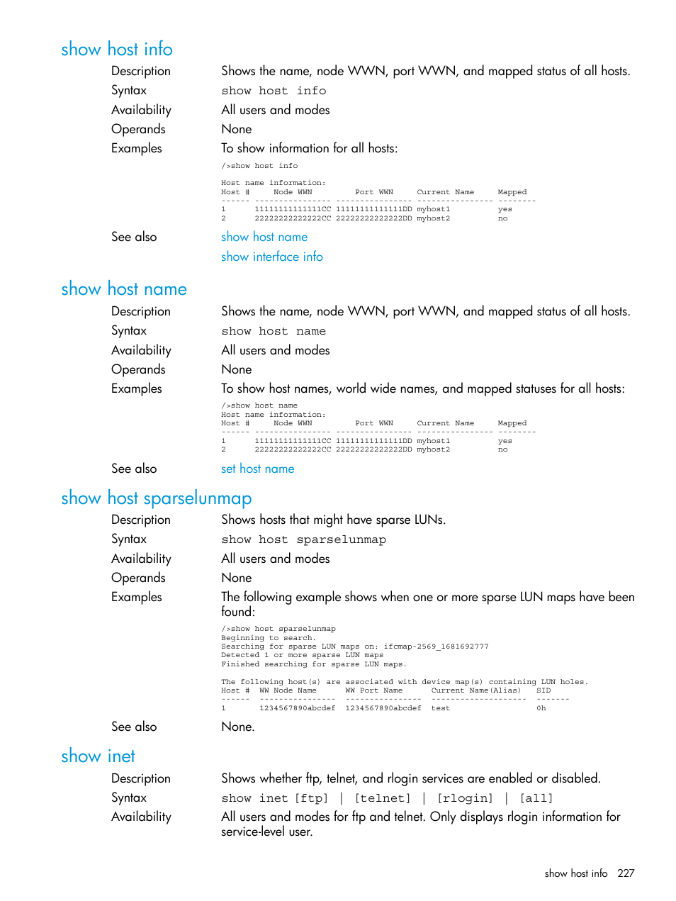 Show host info, Show host name, Show host sparselunmap | Show inet, Show host info show host name, Show host sparselunmap show inet | HP Command View for Tape Libraries Software User Manual | Page 227 / 276