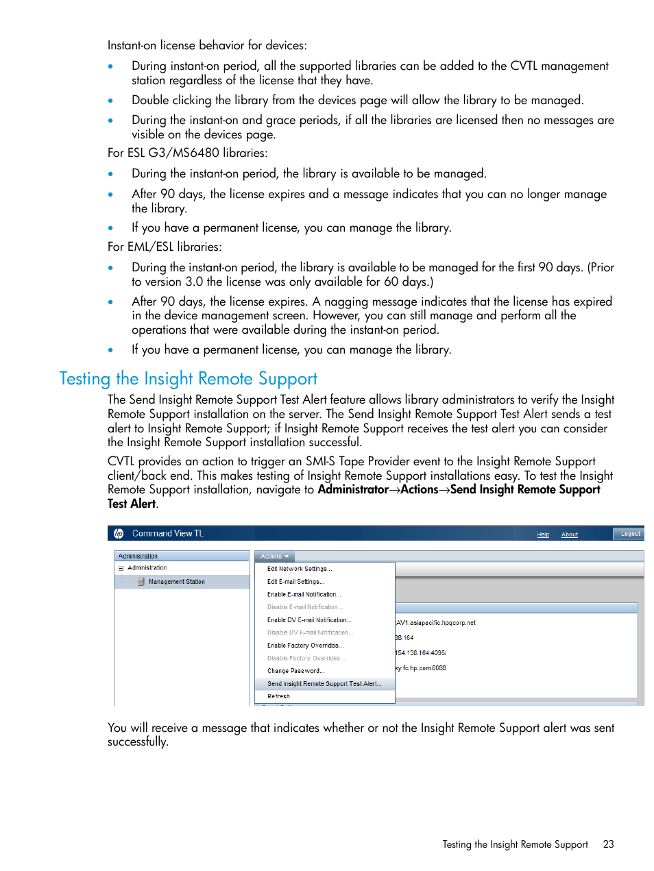 Testing the insight remote support | HP Command View for Tape Libraries Software User Manual | Page 23 / 276