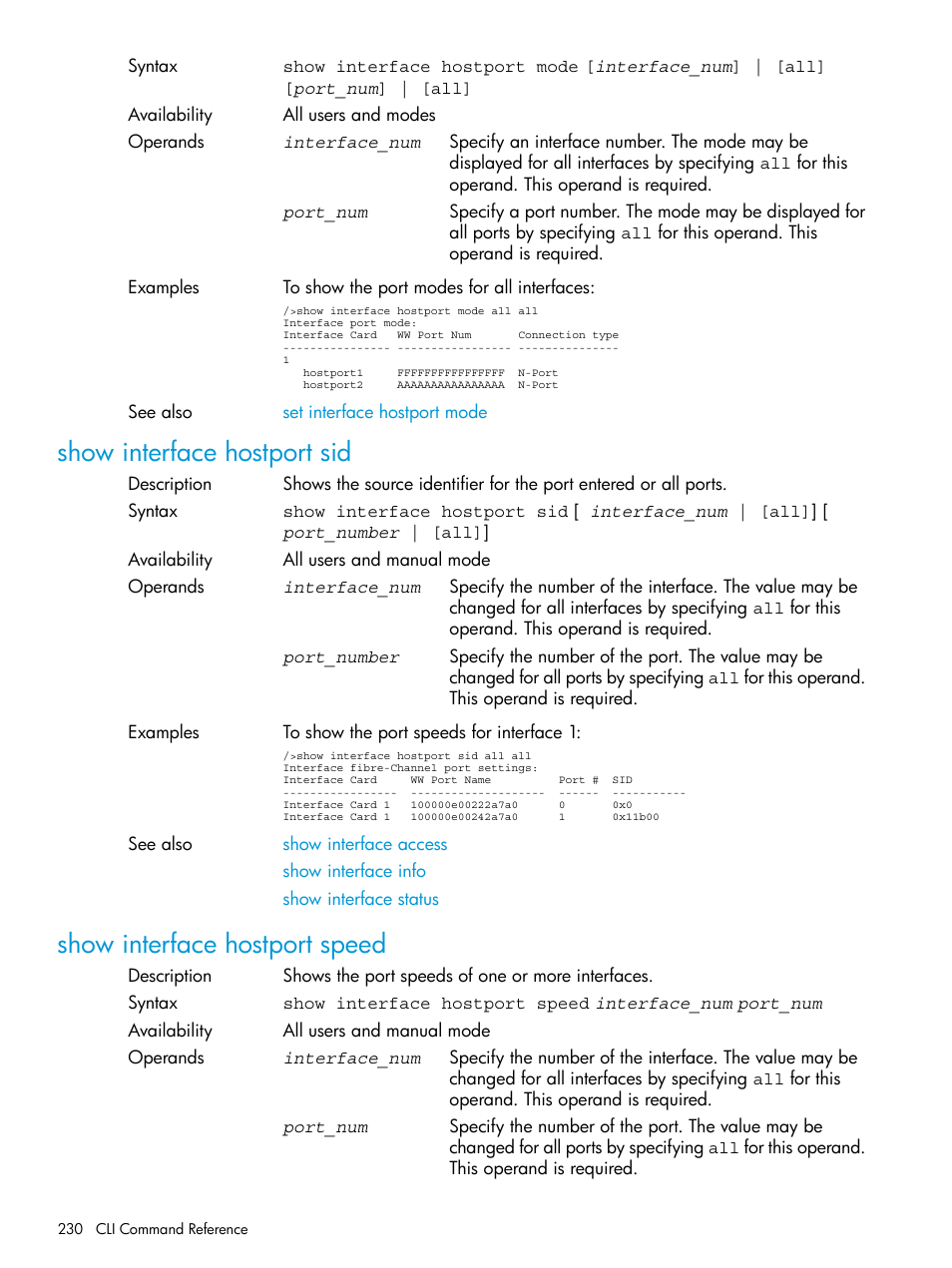 Show interface hostport sid, Show interface hostport speed | HP Command View for Tape Libraries Software User Manual | Page 230 / 276