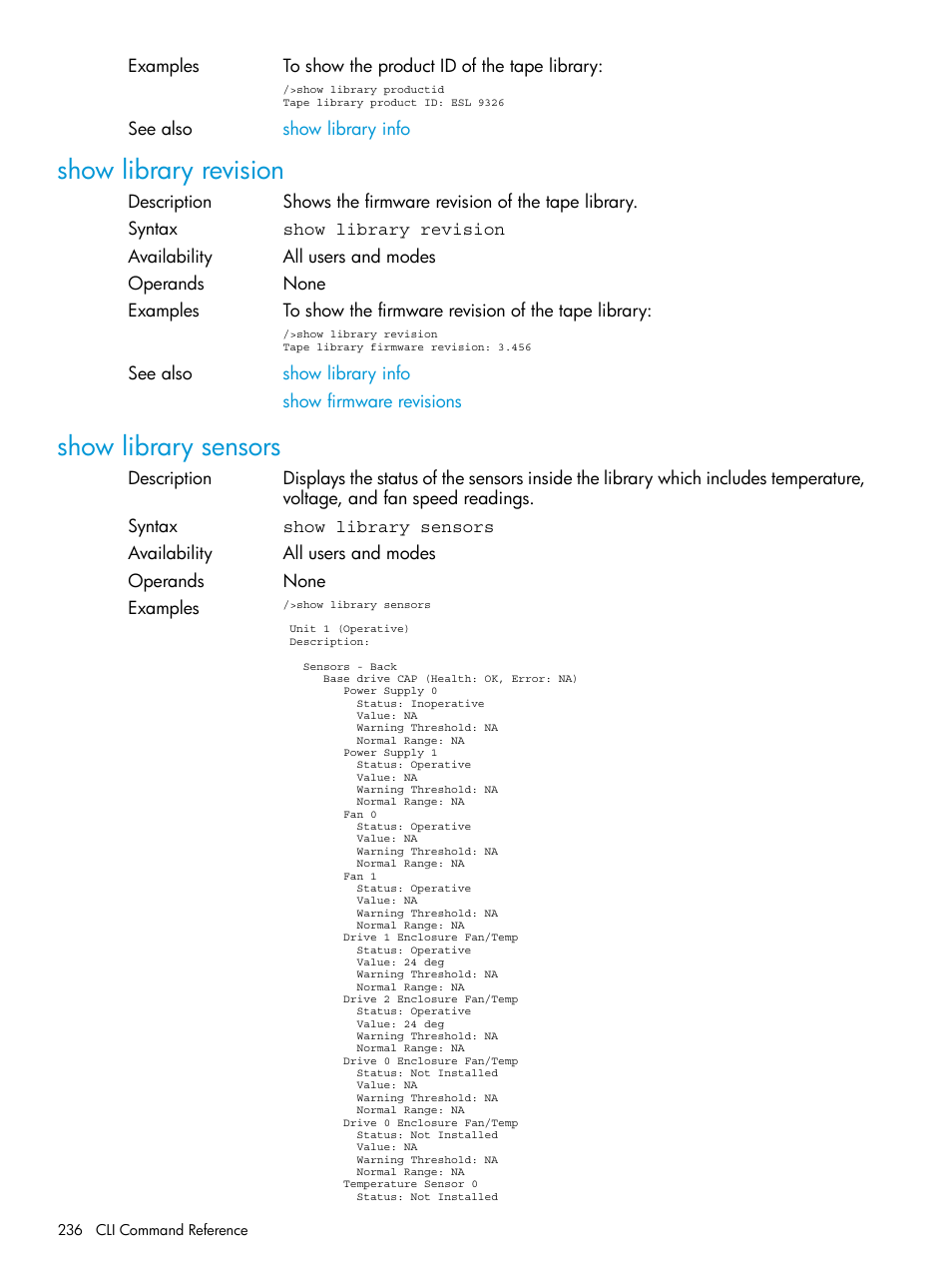 Show library revision, Show library sensors, Show library revision show library sensors | HP Command View for Tape Libraries Software User Manual | Page 236 / 276