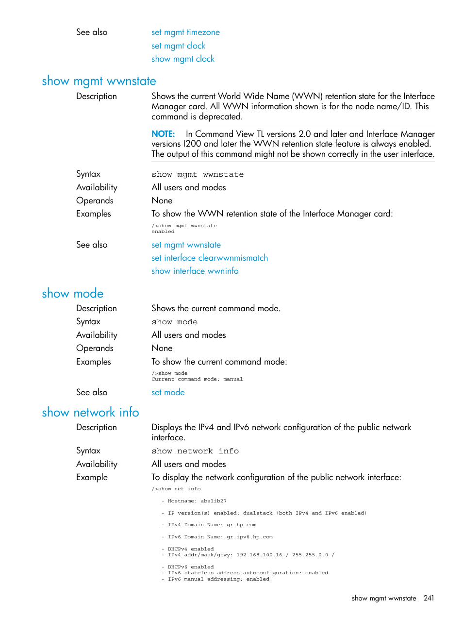 Show mgmt wwnstate, Show mode, Show network info | Show mgmt wwnstate show mode show network info, Show net info | HP Command View for Tape Libraries Software User Manual | Page 241 / 276