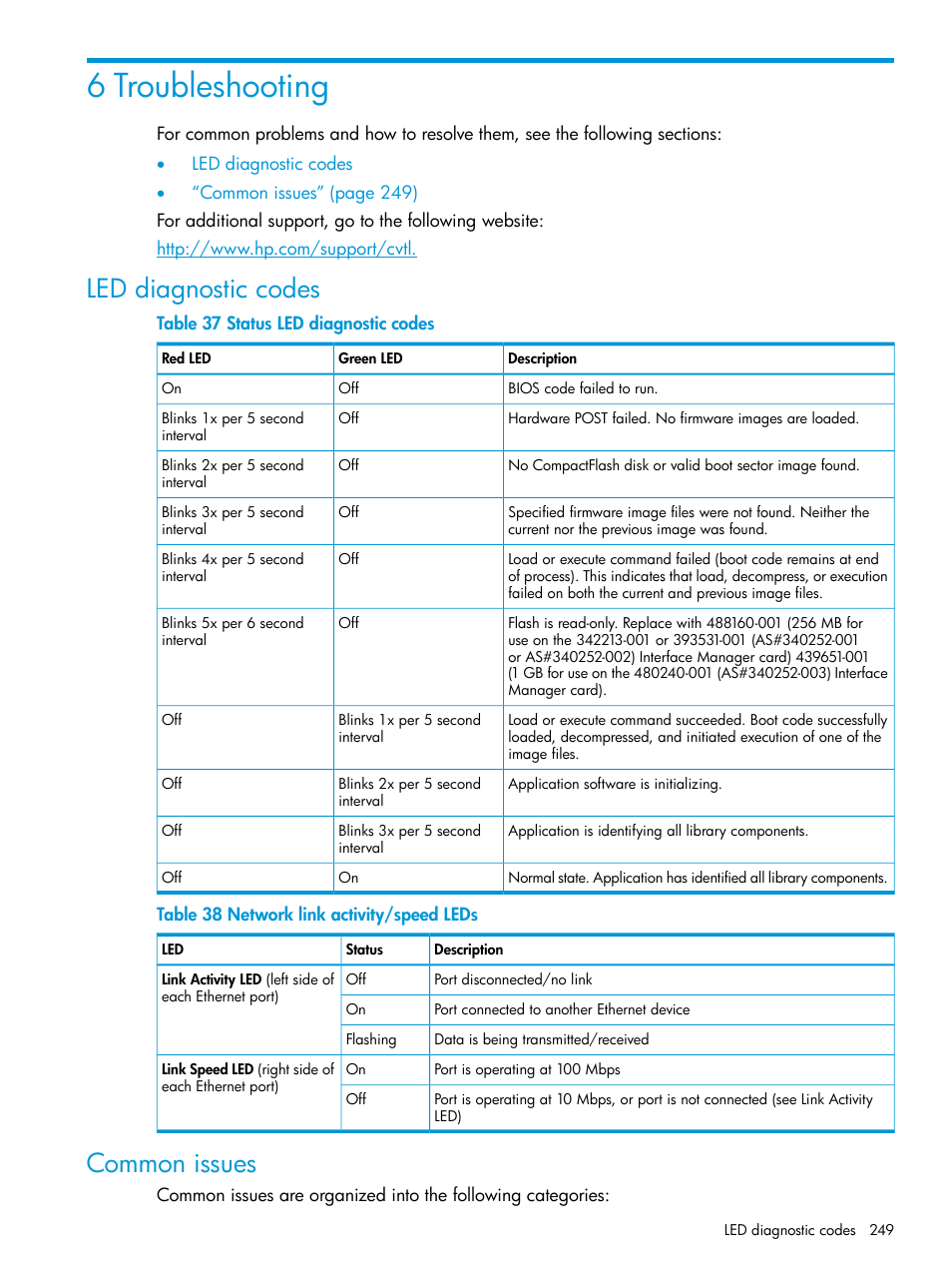 6 troubleshooting, Led diagnostic codes, Common issues | Led diagnostic codes common issues | HP Command View for Tape Libraries Software User Manual | Page 249 / 276