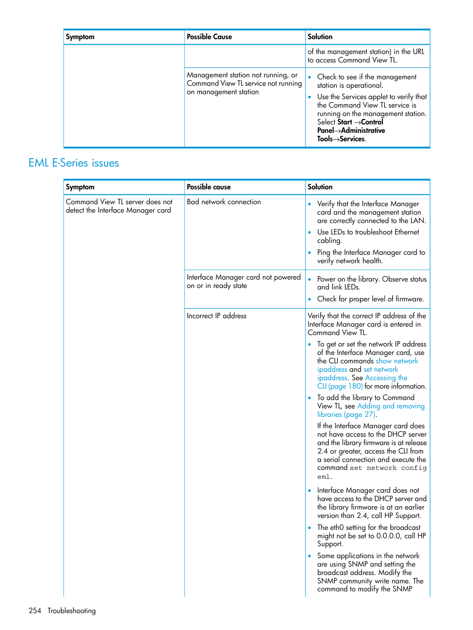 Eml e-series issues | HP Command View for Tape Libraries Software User Manual | Page 254 / 276