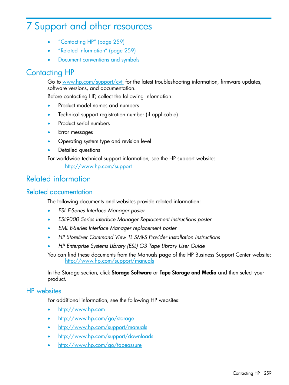 7 support and other resources, Contacting hp, Related information | Related documentation, Hp websites, Contacting hp related information, Related documentation hp websites | HP Command View for Tape Libraries Software User Manual | Page 259 / 276