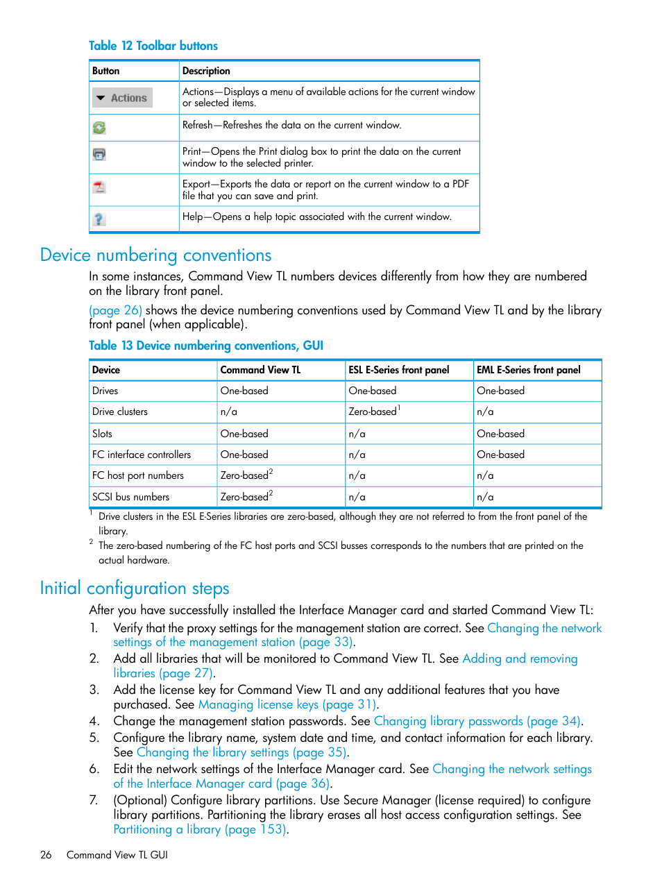 Device numbering conventions, Initial configuration steps | HP Command View for Tape Libraries Software User Manual | Page 26 / 276