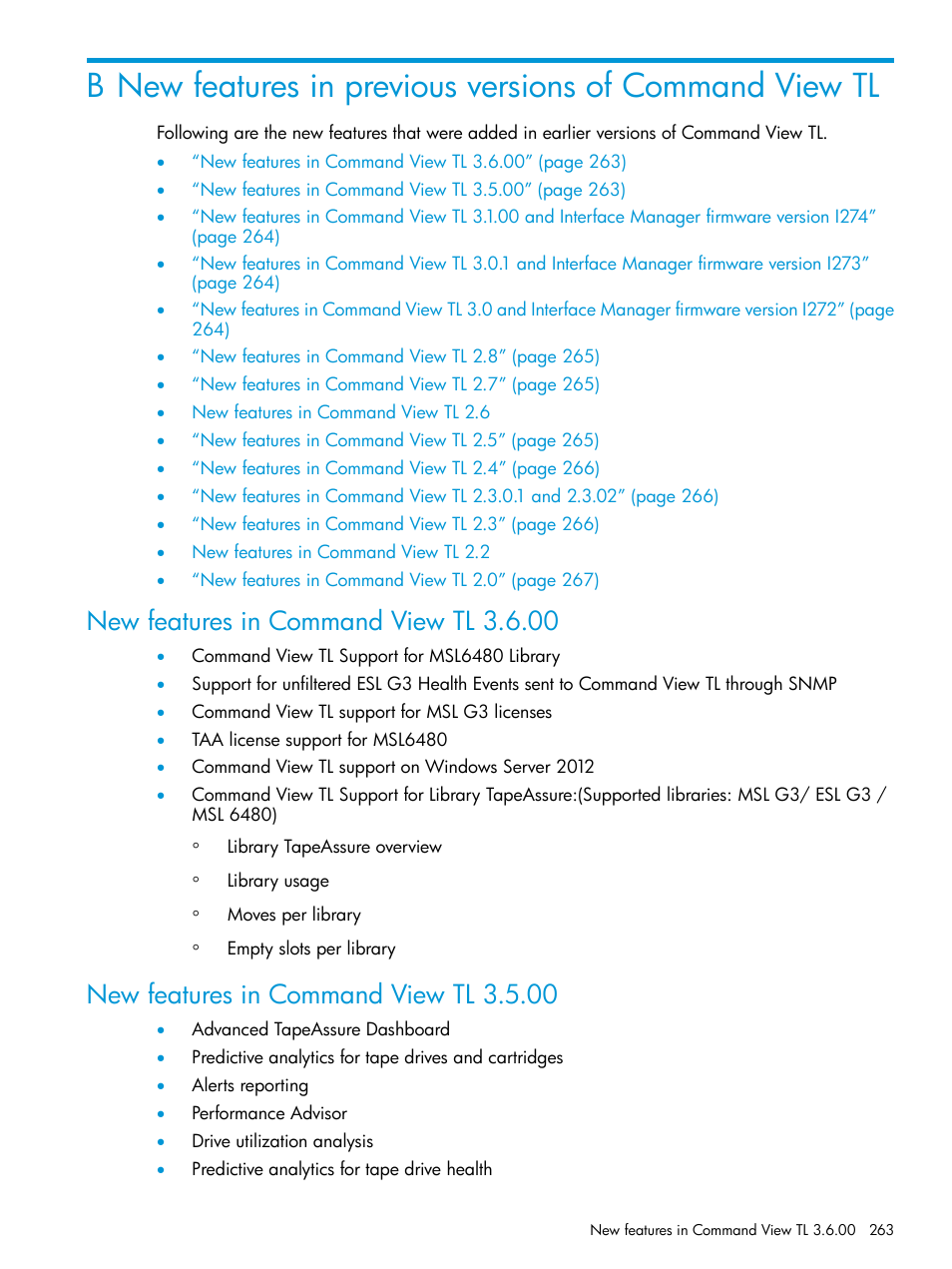 New features in command view tl 3.6.00, New features in command view tl 3.5.00 | HP Command View for Tape Libraries Software User Manual | Page 263 / 276