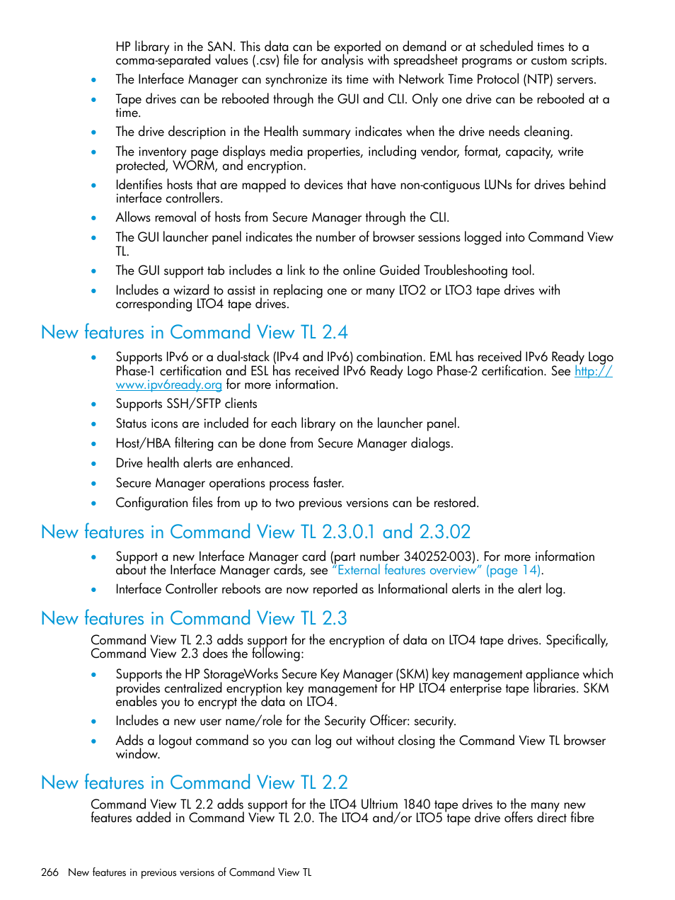 New features in command view tl 2.4, New features in command view tl 2.3.0.1 and 2.3.02, New features in command view tl 2.3 | New features in command view tl 2.2 | HP Command View for Tape Libraries Software User Manual | Page 266 / 276