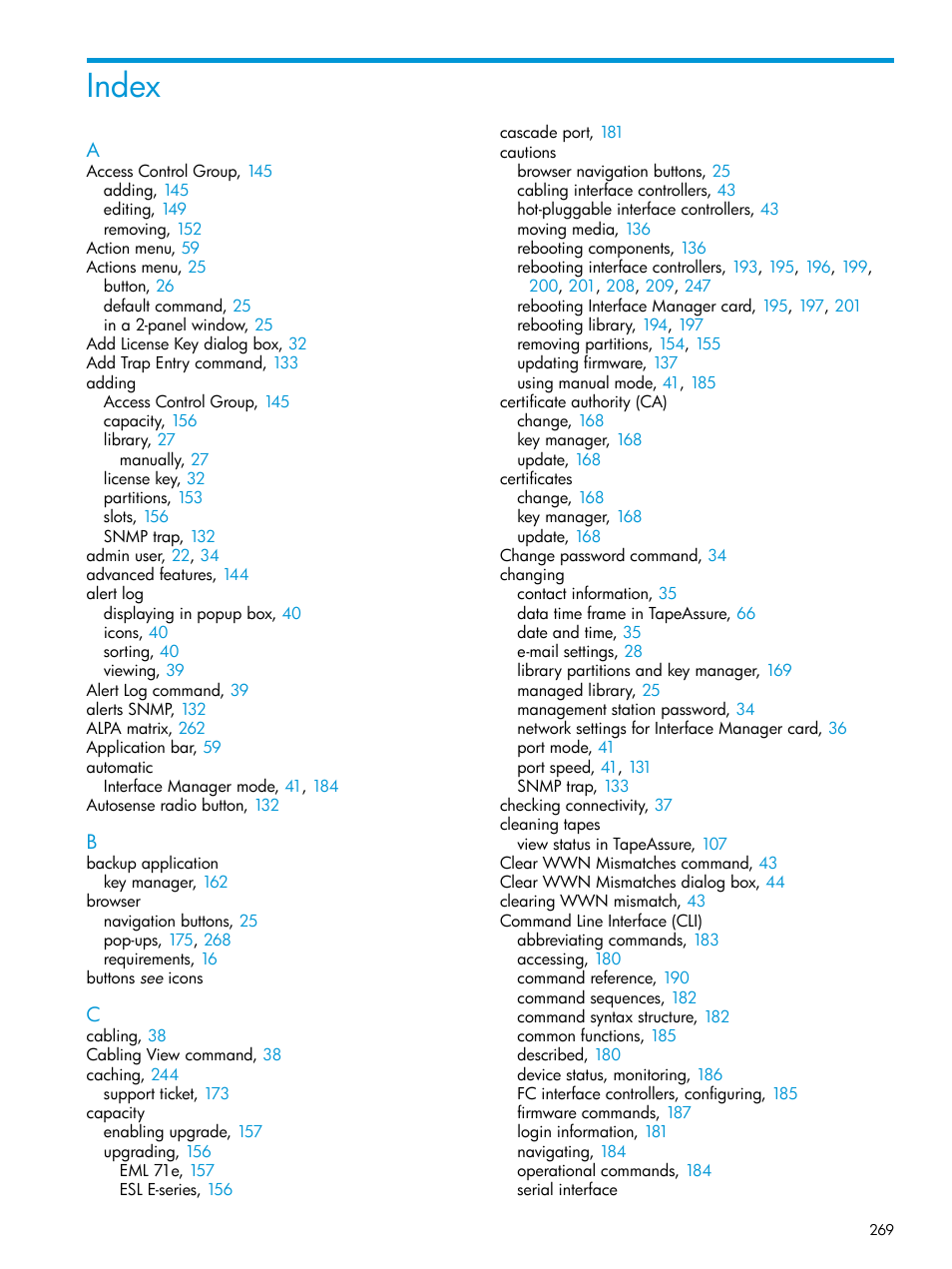 Index | HP Command View for Tape Libraries Software User Manual | Page 269 / 276