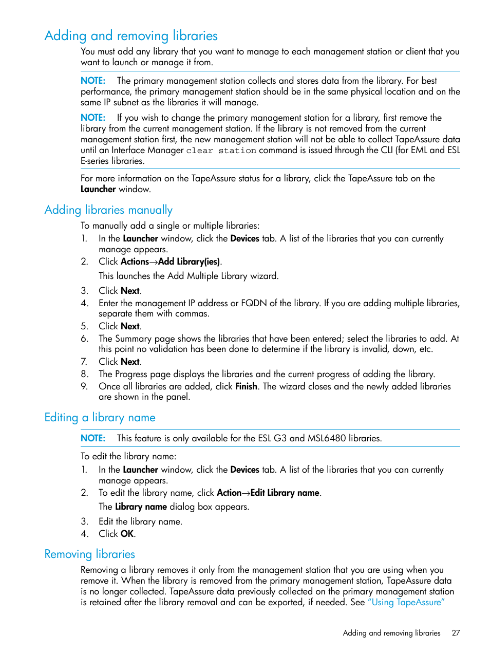 Adding and removing libraries, Adding libraries manually, Editing a library name | Removing libraries, Adding and removing | HP Command View for Tape Libraries Software User Manual | Page 27 / 276