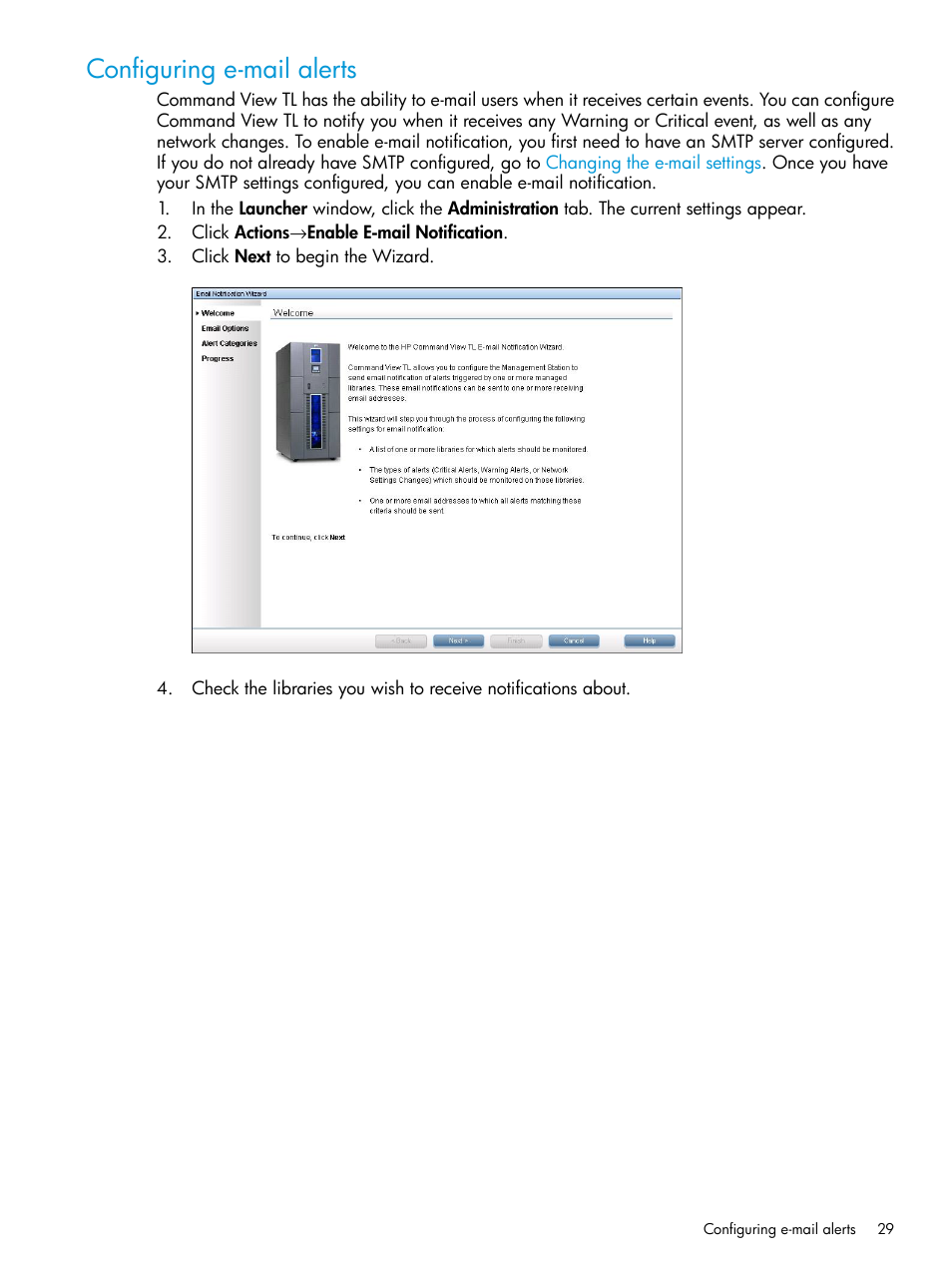 Configuring e-mail alerts | HP Command View for Tape Libraries Software User Manual | Page 29 / 276