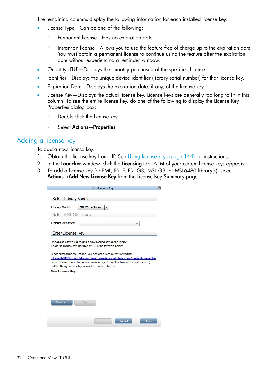 Adding a license key | HP Command View for Tape Libraries Software User Manual | Page 32 / 276