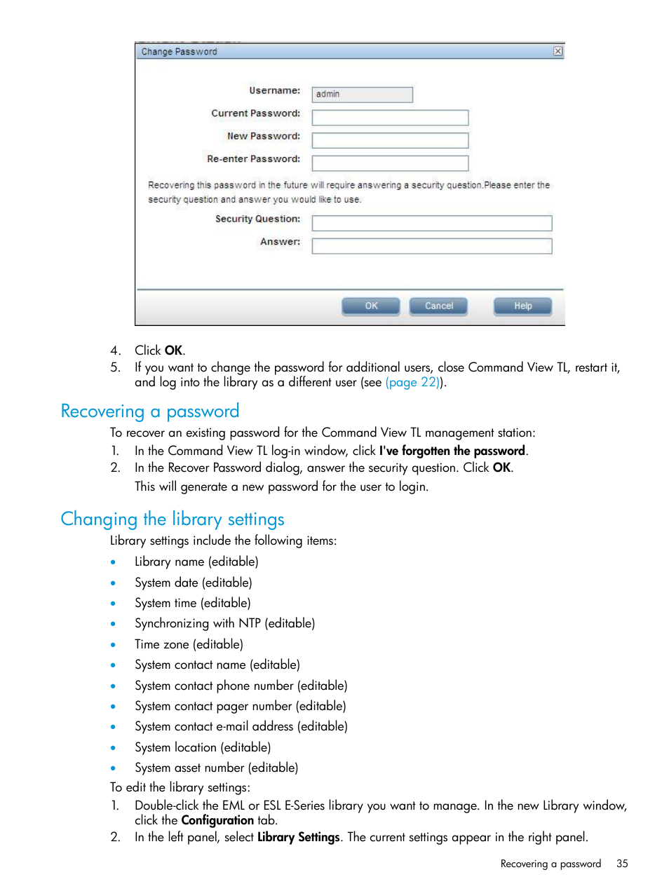 Recovering a password, Changing the library settings | HP Command View for Tape Libraries Software User Manual | Page 35 / 276