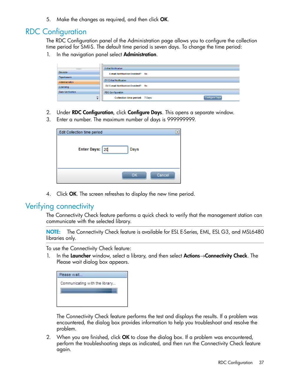 Rdc configuration, Verifying connectivity, Rdc configuration verifying connectivity | HP Command View for Tape Libraries Software User Manual | Page 37 / 276