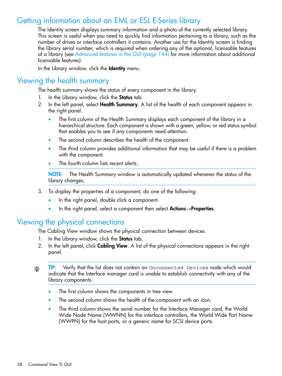 Viewing the health summary, Viewing the physical connections | HP Command View for Tape Libraries Software User Manual | Page 38 / 276