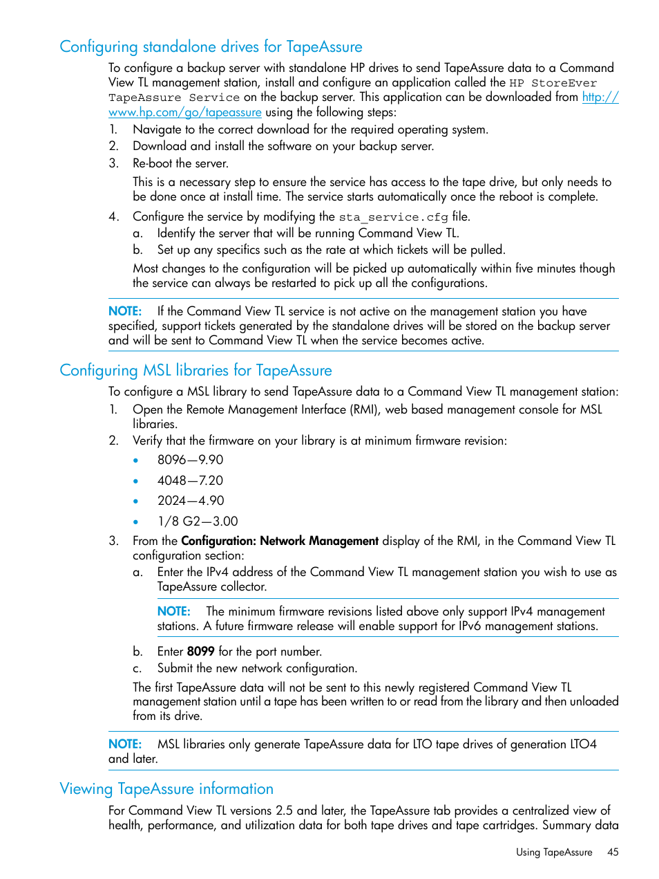 Configuring standalone drives for tapeassure, Configuring msl libraries for tapeassure, Viewing tapeassure information | HP Command View for Tape Libraries Software User Manual | Page 45 / 276