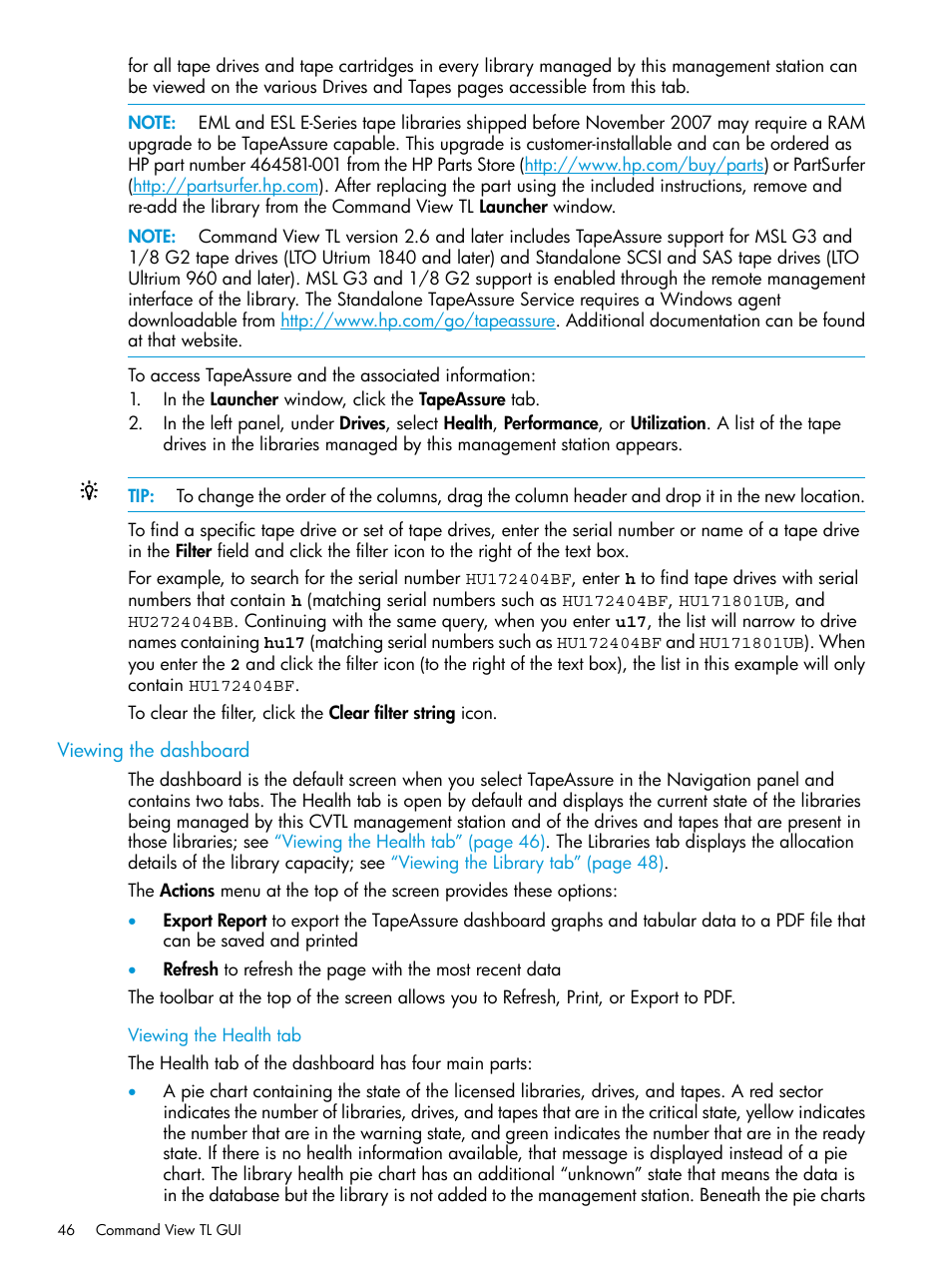 Viewing the dashboard, Viewing the health tab | HP Command View for Tape Libraries Software User Manual | Page 46 / 276