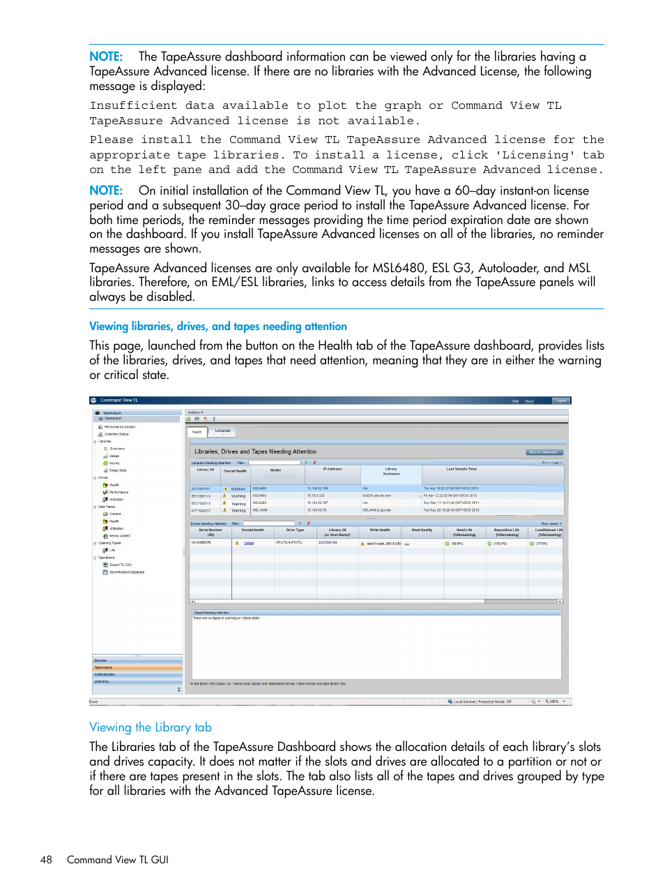 Viewing the library tab | HP Command View for Tape Libraries Software User Manual | Page 48 / 276