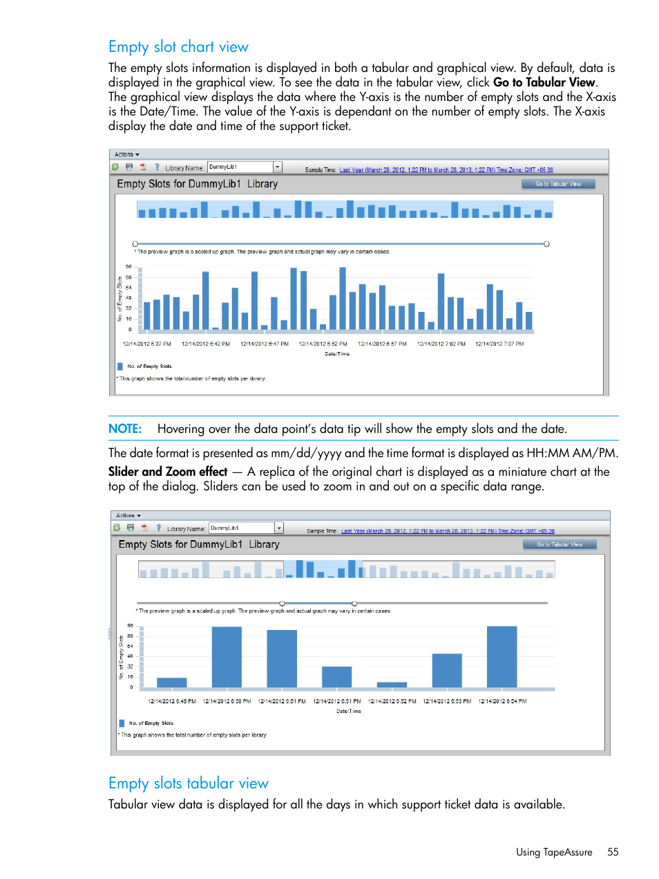 Empty slot chart view, Empty slots tabular view | HP Command View for Tape Libraries Software User Manual | Page 55 / 276