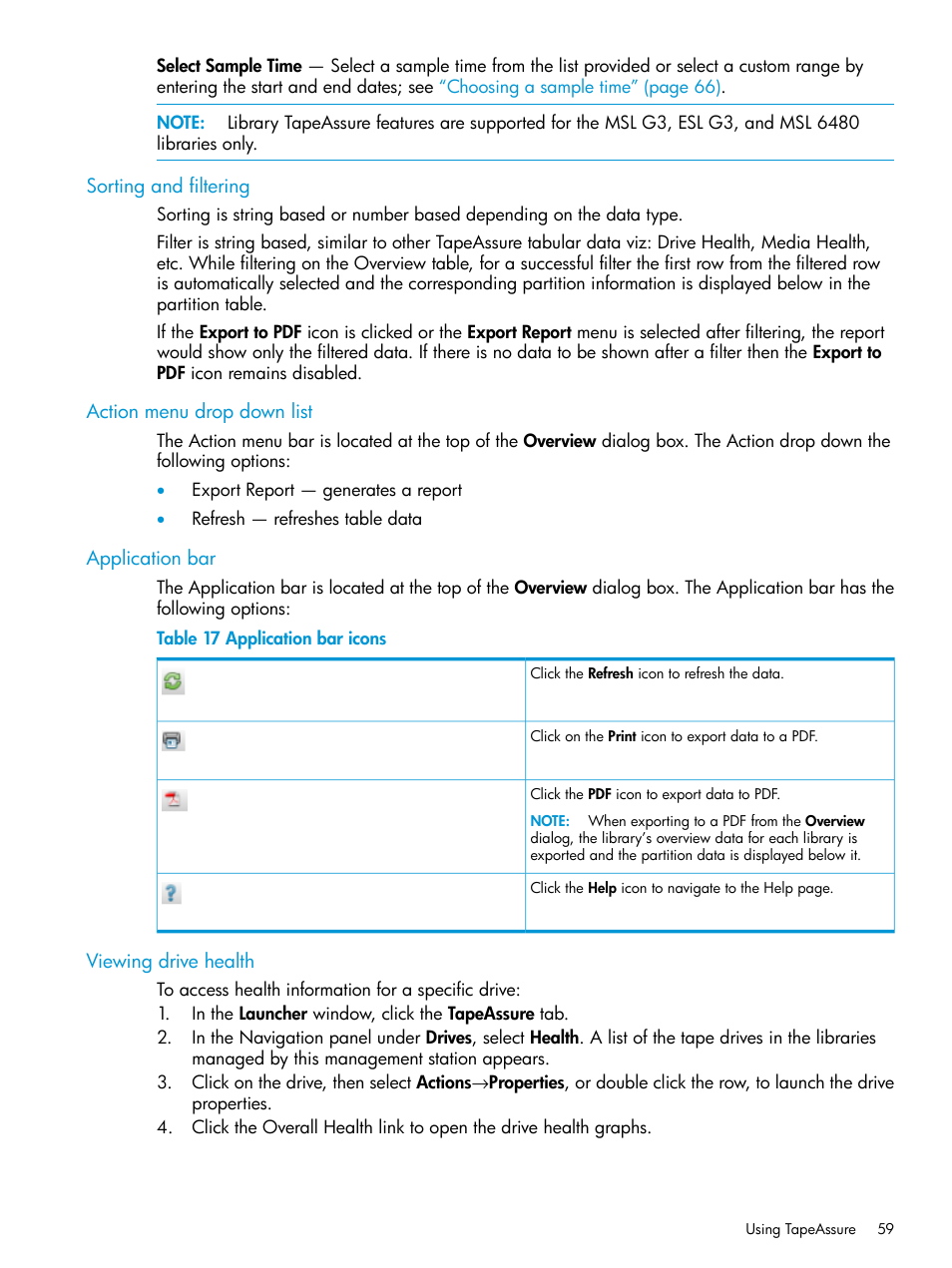 Sorting and filtering, Action menu drop down list, Application bar | Viewing drive health | HP Command View for Tape Libraries Software User Manual | Page 59 / 276