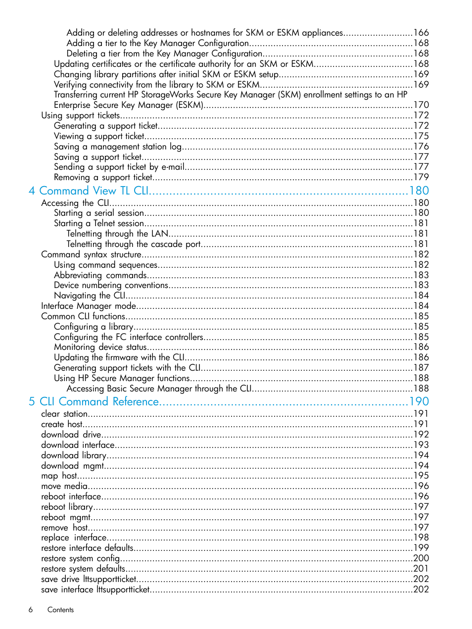 4 command view tl cli, 5 cli command reference | HP Command View for Tape Libraries Software User Manual | Page 6 / 276