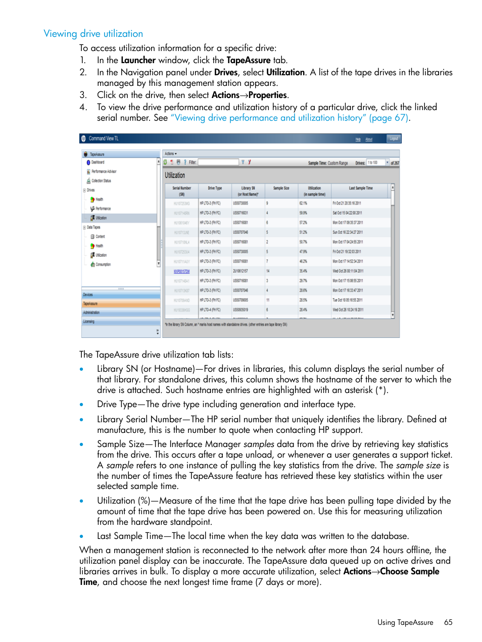 Viewing drive utilization | HP Command View for Tape Libraries Software User Manual | Page 65 / 276