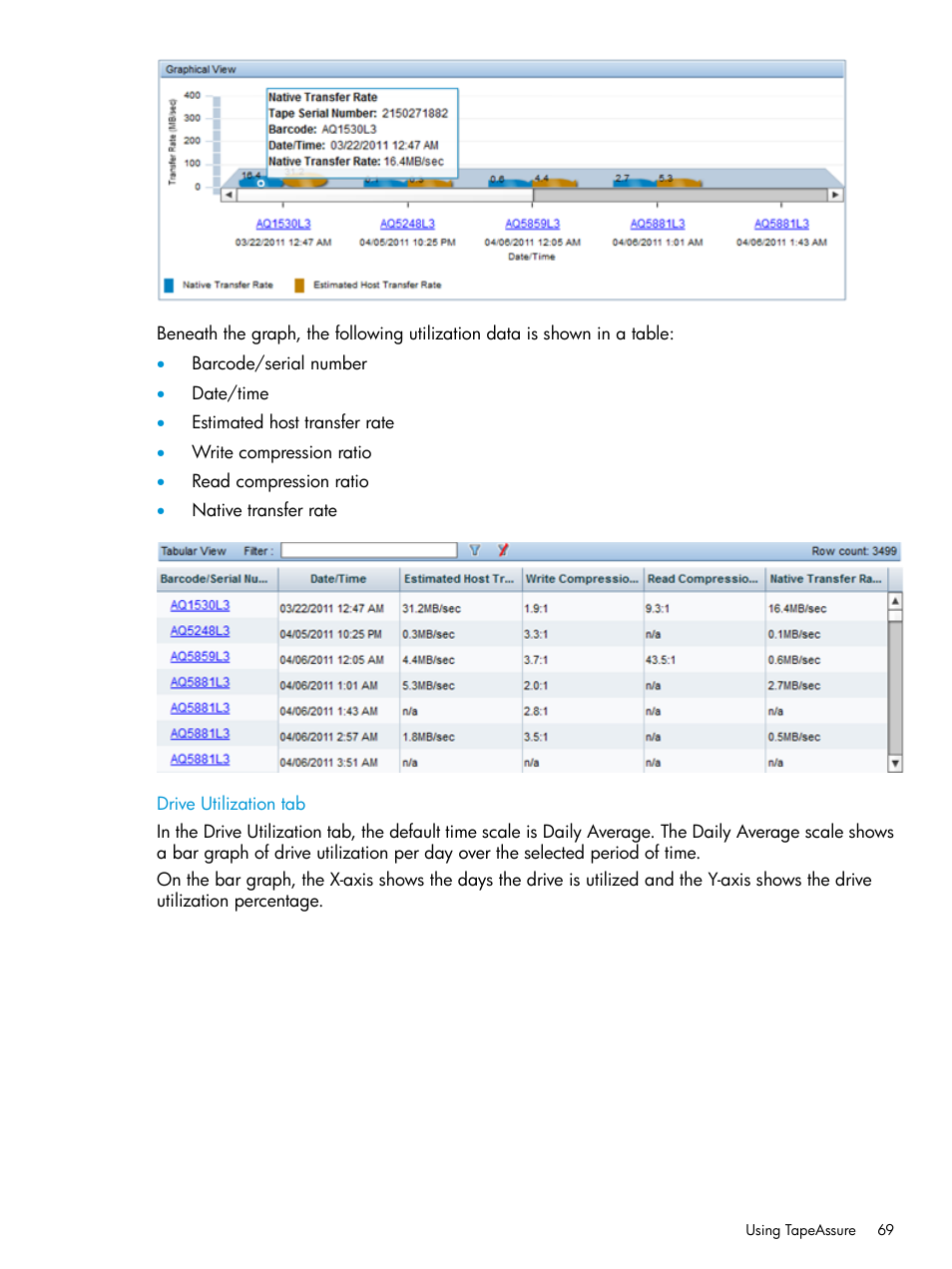 Drive utilization tab | HP Command View for Tape Libraries Software User Manual | Page 69 / 276