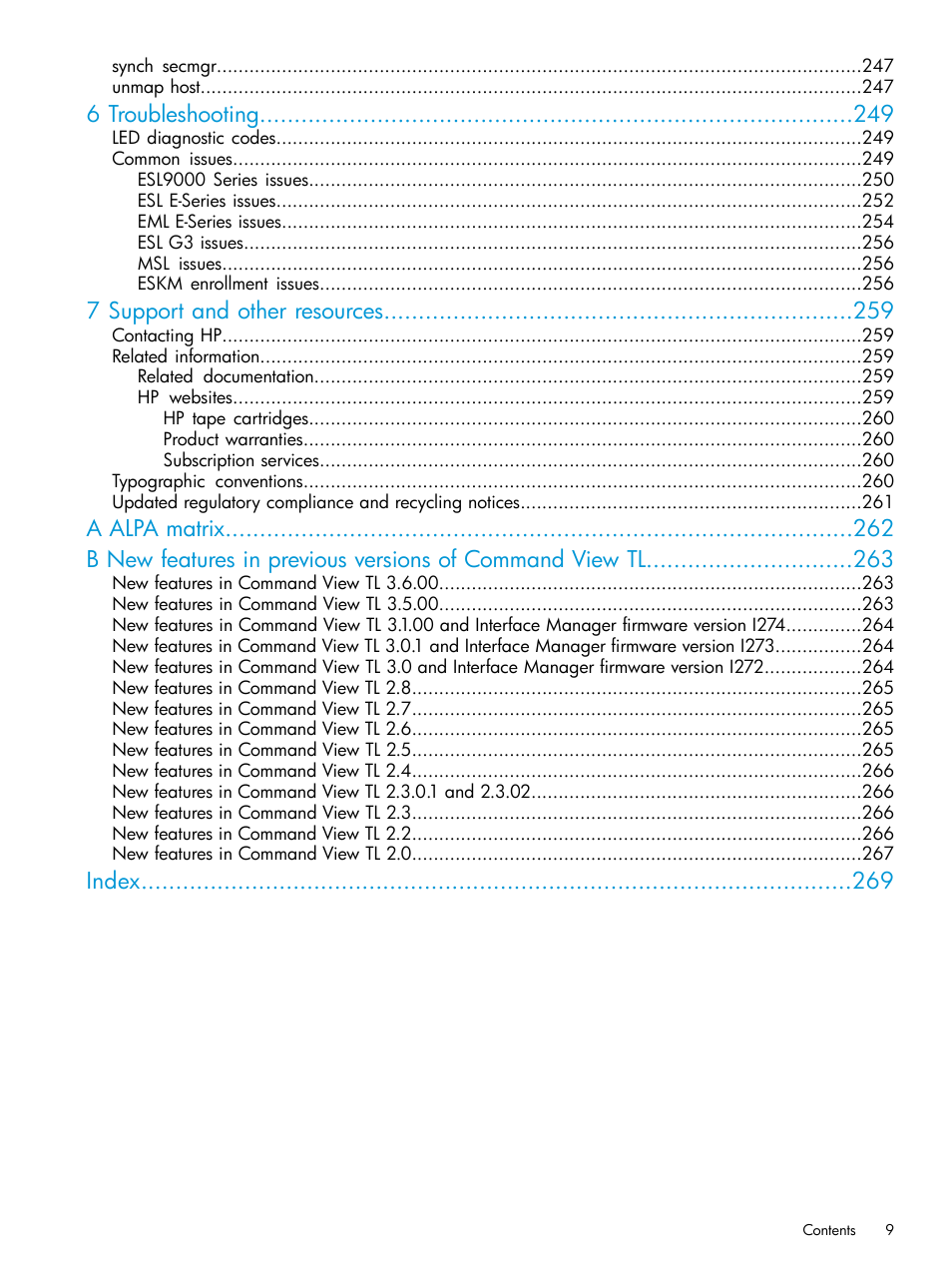 6 troubleshooting, 7 support and other resources, Index | HP Command View for Tape Libraries Software User Manual | Page 9 / 276