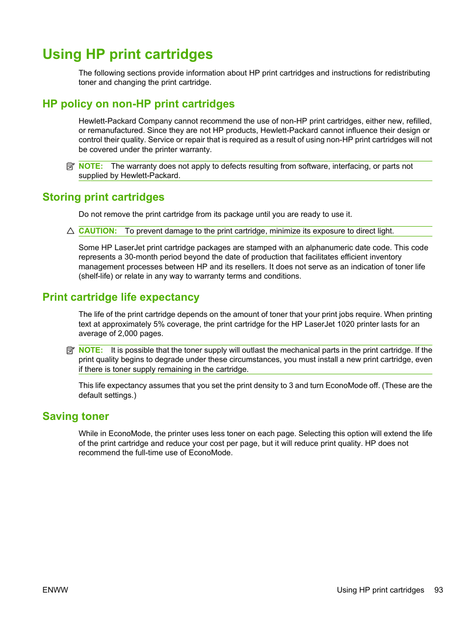 Using hp print cartridges, Hp policy on non-hp print cartridges, Storing print cartridges | Print cartridge life expectancy, Saving toner, Print cartridge life | HP LaserJet 1020 Plus Printer User Manual | Page 103 / 114