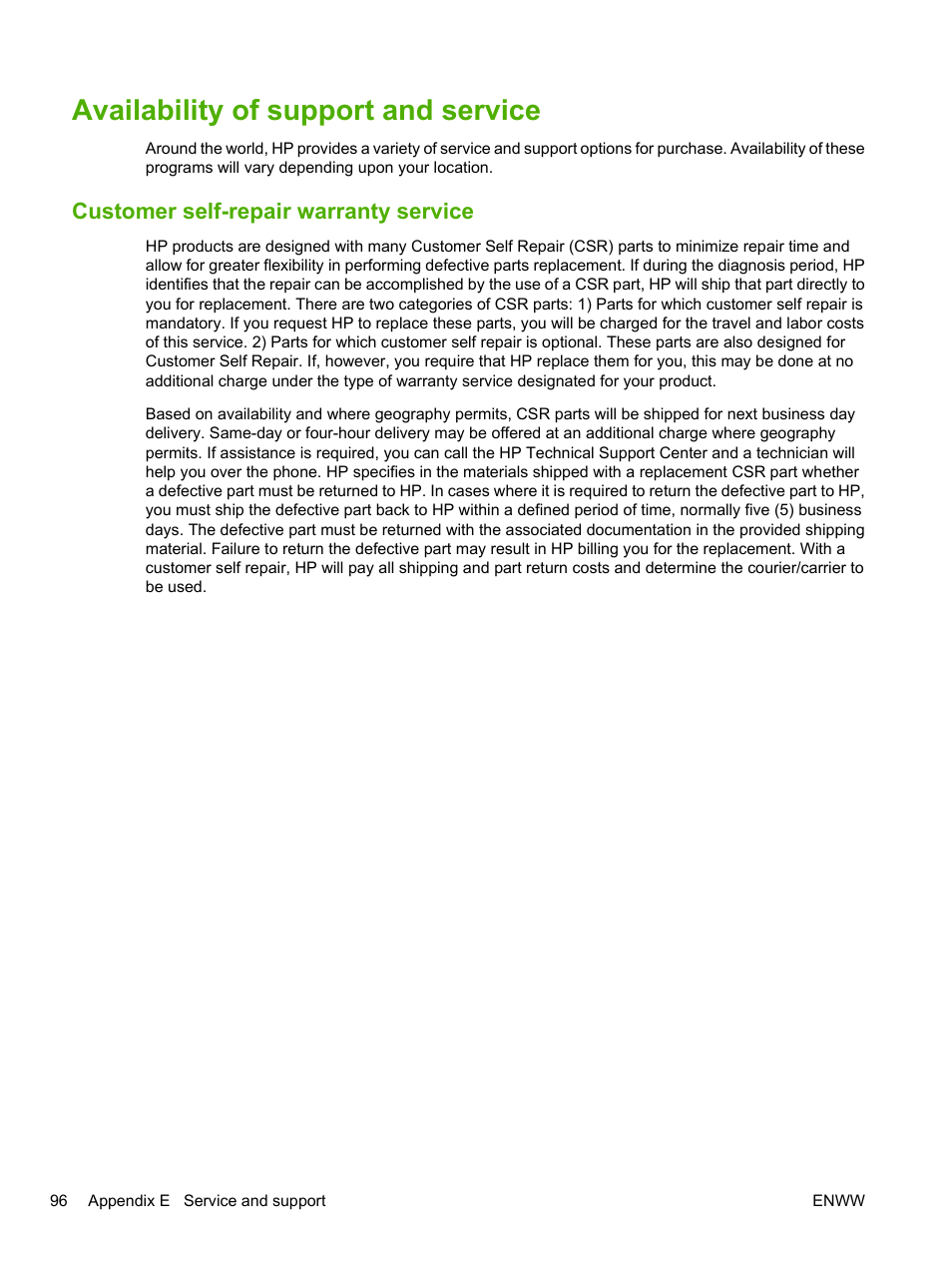Availability of support and service, Customer self-repair warranty service | HP LaserJet 1020 Plus Printer User Manual | Page 106 / 114
