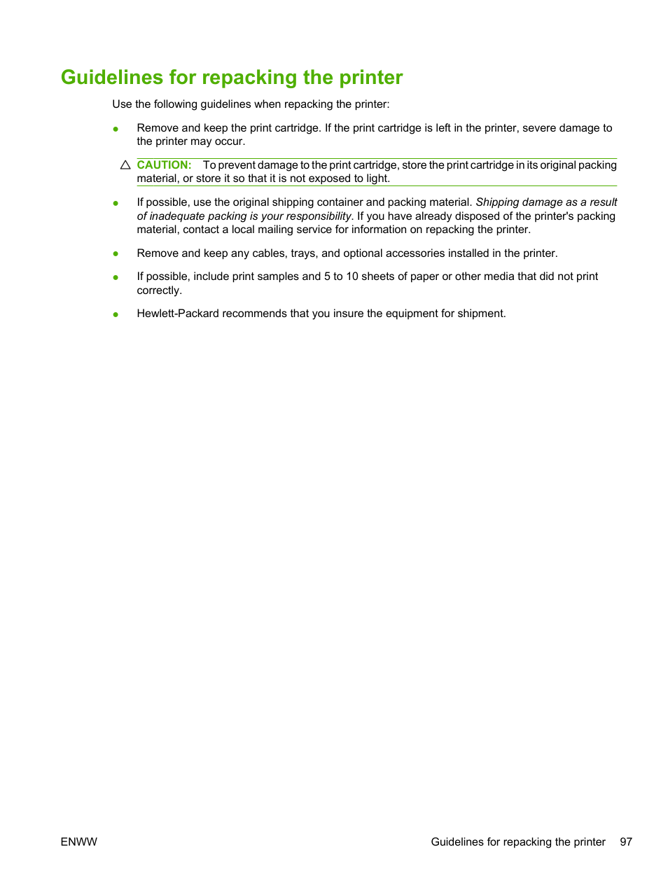 Guidelines for repacking the printer | HP LaserJet 1020 Plus Printer User Manual | Page 107 / 114