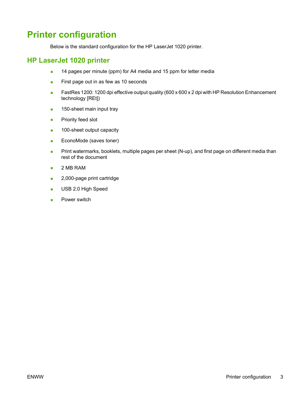 Printer configuration, Hp laserjet 1020 printer | HP LaserJet 1020 Plus Printer User Manual | Page 13 / 114