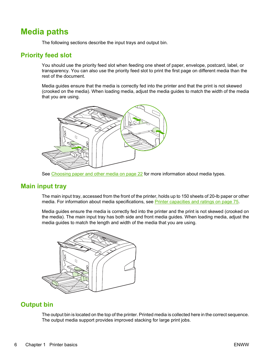 Media paths, Priority feed slot, Main input tray | Output bin, Priority feed slot main input tray output bin | HP LaserJet 1020 Plus Printer User Manual | Page 16 / 114