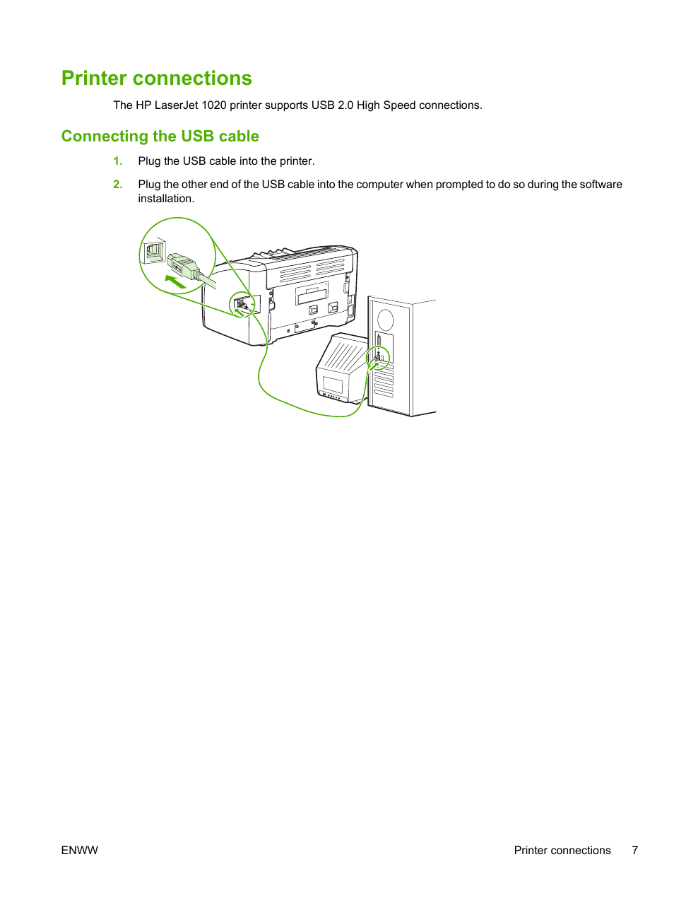 Printer connections, Connecting the usb cable | HP LaserJet 1020 Plus Printer User Manual | Page 17 / 114