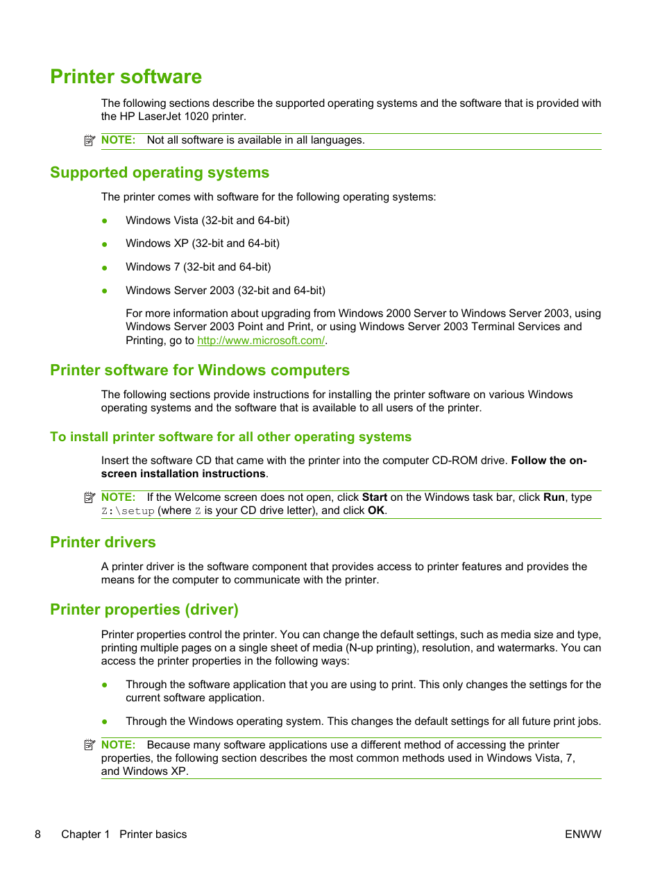 Printer software, Supported operating systems, Printer software for windows computers | Printer drivers, Printer properties (driver), Printer drivers printer properties (driver) | HP LaserJet 1020 Plus Printer User Manual | Page 18 / 114